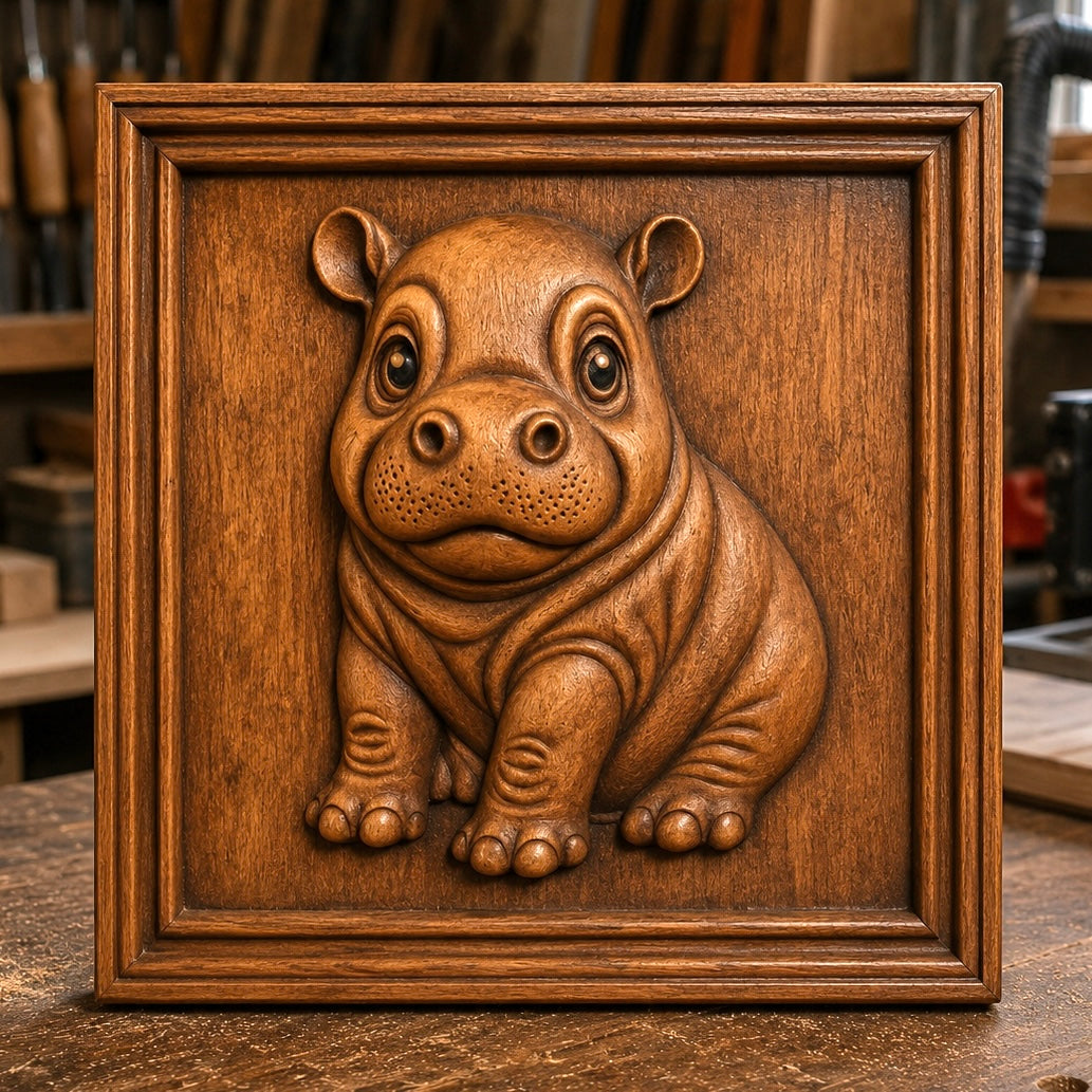 A charmingly detailed baby hippo carving, created as a square relief, is showcased on a workbench with blurred woodworking tools and materials in the background. The Cute Hippo Relief STL File | Wildlife CNC Wall Art by Form Arcade is perfect for woodworking enthusiasts and anyone seeking inspiration or ready-to-use designs for their next CNC carving project.