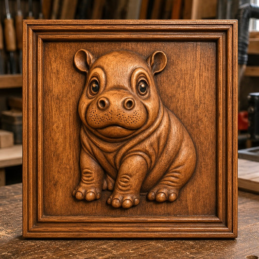 A charmingly detailed baby hippo carving, created as a square relief, is showcased on a workbench with blurred woodworking tools and materials in the background. The Cute Hippo Relief STL File | Wildlife CNC Wall Art by Form Arcade is perfect for woodworking enthusiasts and anyone seeking inspiration or ready-to-use designs for their next CNC carving project.