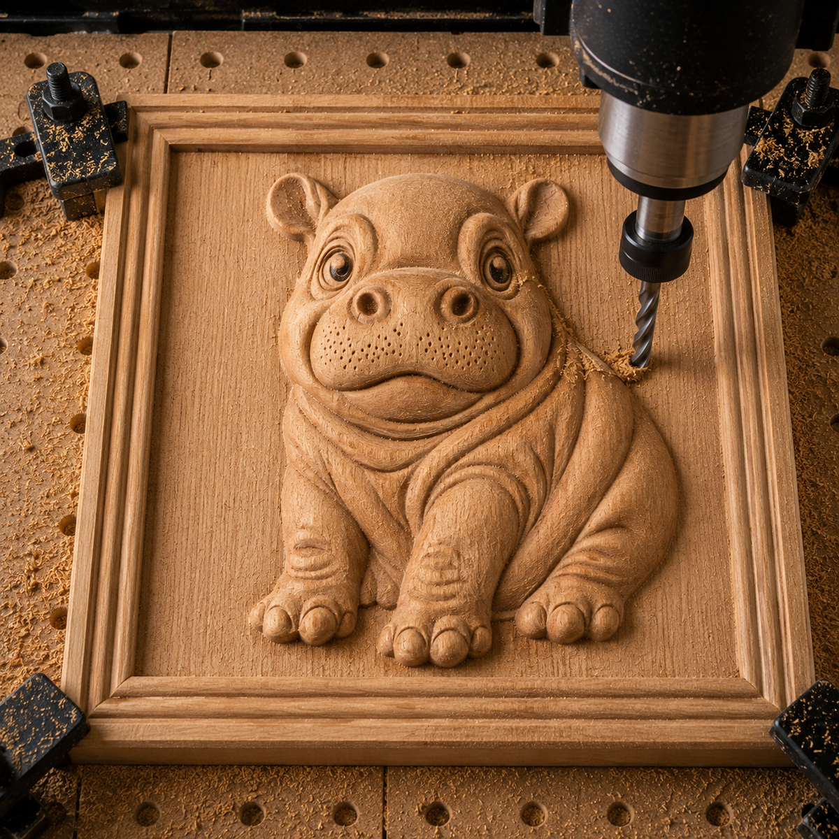 The Cute Hippo Relief STL File by Form Arcade enables woodworking enthusiasts to use their CNC carving machine to create a detailed, three-dimensional baby hippo sitting on a square wooden plaque—ideal for wildlife-themed wall art projects.