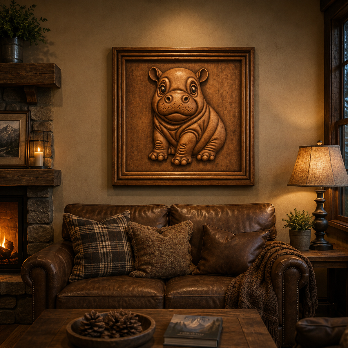 A cozy living room features a brown leather sofa adorned with plaid and knit pillows, a lit lamp, a fireplace, and a large framed Cute Hippo Relief Wall Art from Form Arcade above the couch. This unique piece showcases expert woodworking and CNC carving techniques inspired by the Cute Hippo Relief STL File | Wildlife CNC Wall Art.