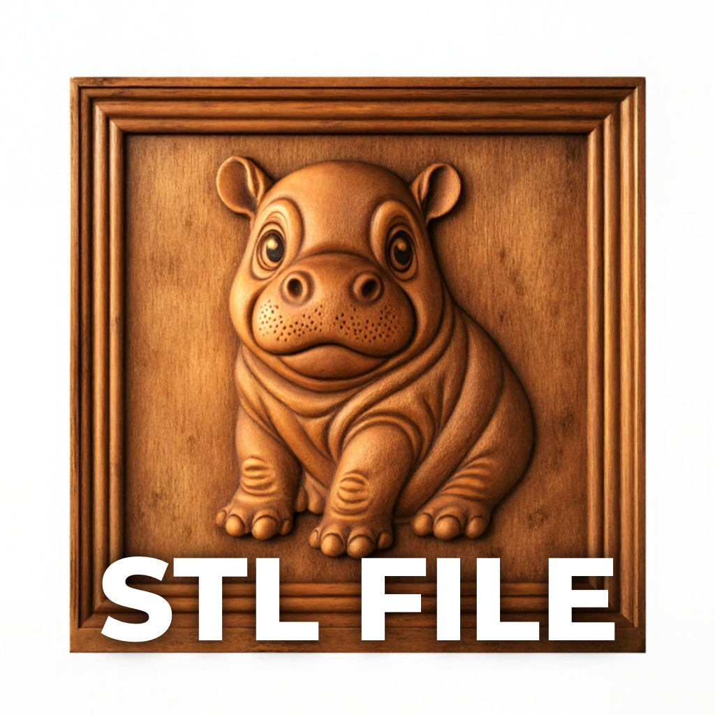 A wooden-framed 3D relief of a cute baby hippo sits at the center, perfect for woodworking or CNC carving. The Form Arcade Cute Hippo Relief STL File is ideal for Wildlife CNC Wall Art digital projects.