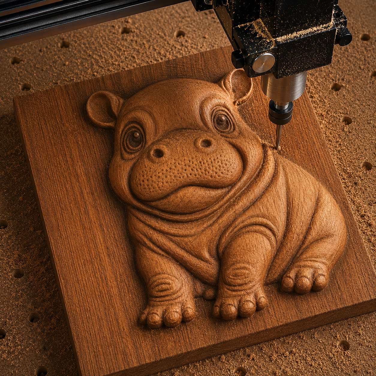 Create an adorable wood carving with the Cute Hippo Relief STL File by Form Arcade—ideal for CNC woodworking enthusiasts looking to craft wildlife wall art featuring a baby hippo and detailed relief.