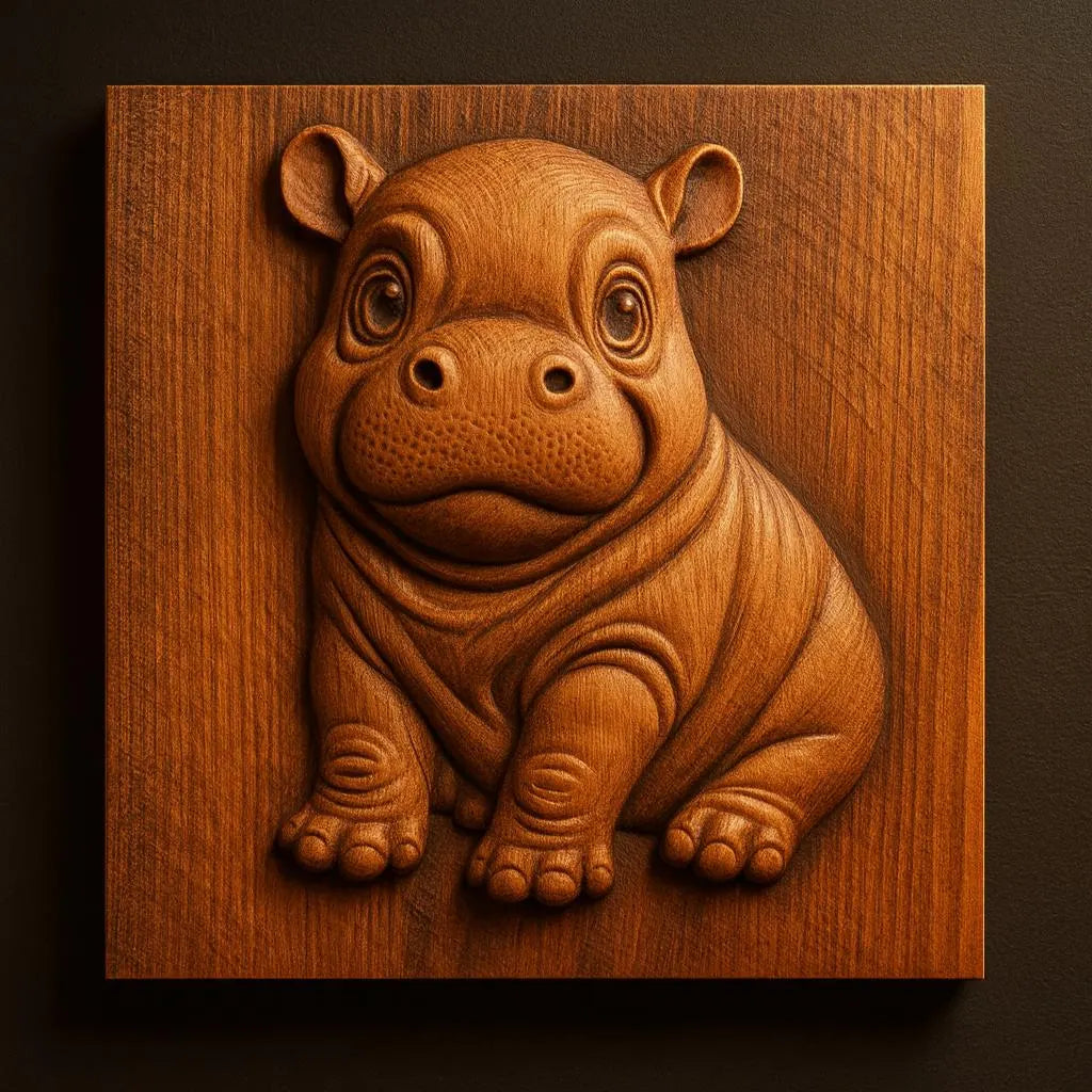 The Form Arcade "Cute Hippo Relief STL File | Wildlife CNC Wall Art" features a charming, chubby baby hippo with big eyes and small ears as a detailed CNC relief carving on a square plaque, perfect for woodworking projects.