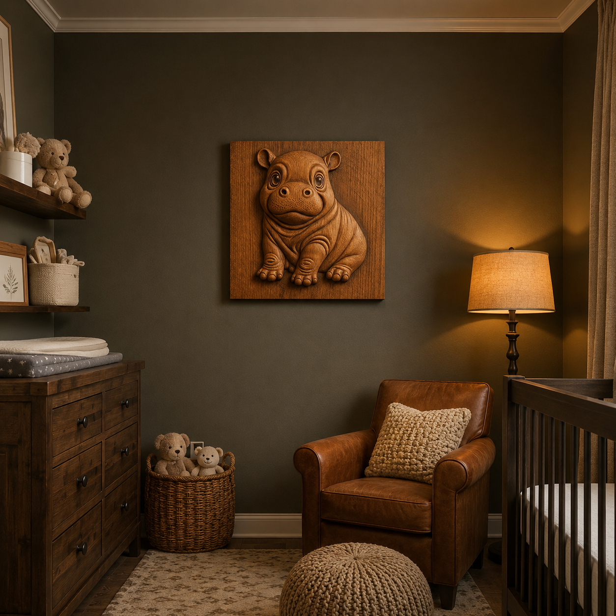 A cozy nursery with a leather armchair, brown wooden furniture, a crib, stuffed animals, and wall art—a wildlife CNC piece created from Form Arcade’s “Cute Hippo Relief STL File”—glows under warm lamp light.