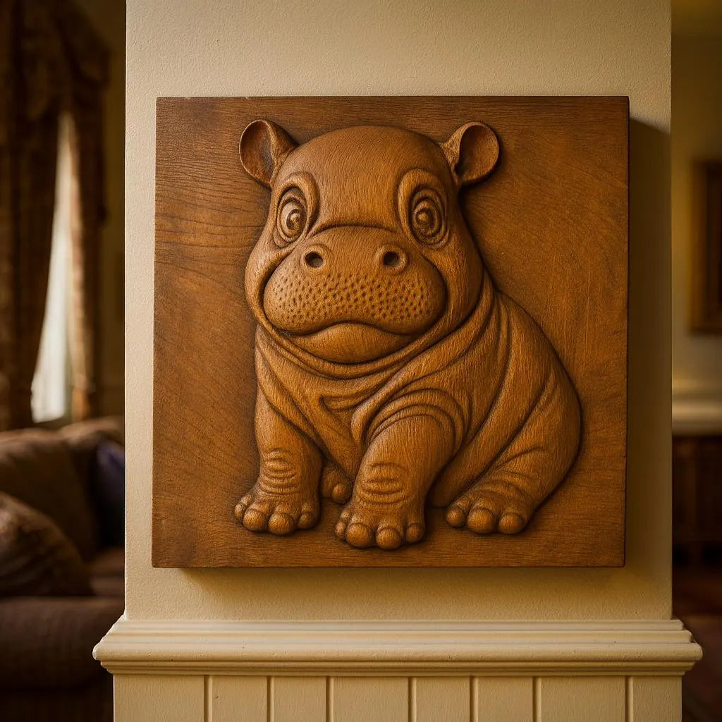 The Cute Hippo Relief STL File by Form Arcade features a CNC carving of an adorable baby hippo, ideal for wildlife wall art and woodworking enthusiasts. Perfect digital design for adding charm to any cozy, softly lit space.