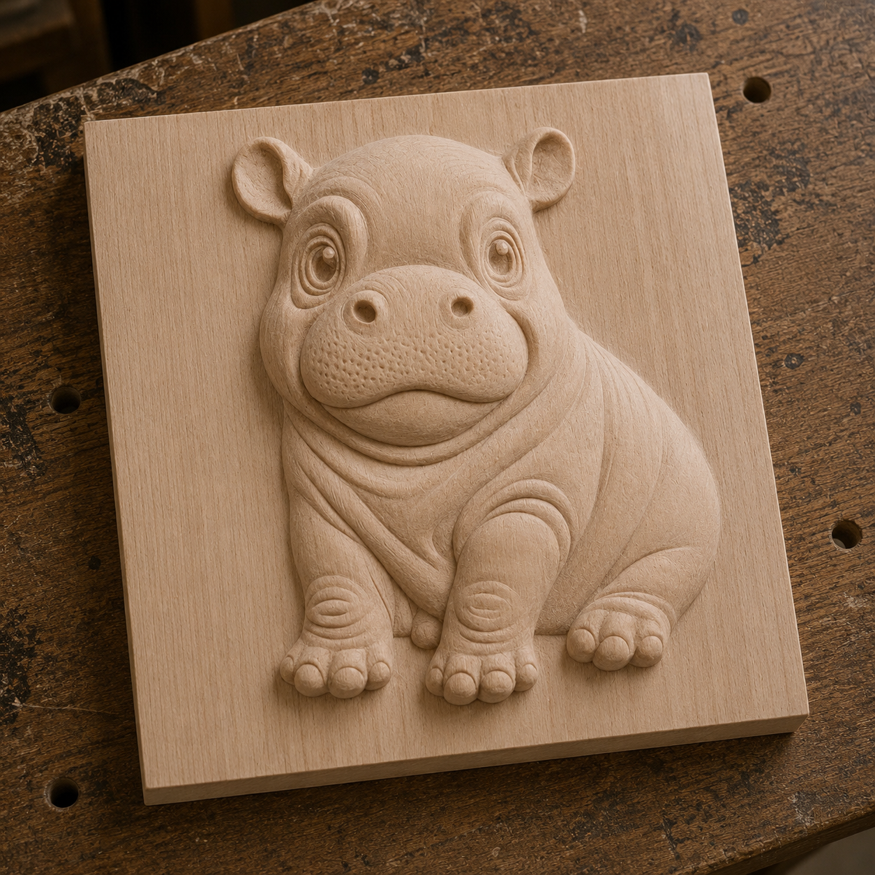 The Cute Hippo Relief STL File by Form Arcade features a detailed CNC carving of a baby hippopotamus with big eyes and small ears, ideal for wildlife wall art and display on wooden surfaces.