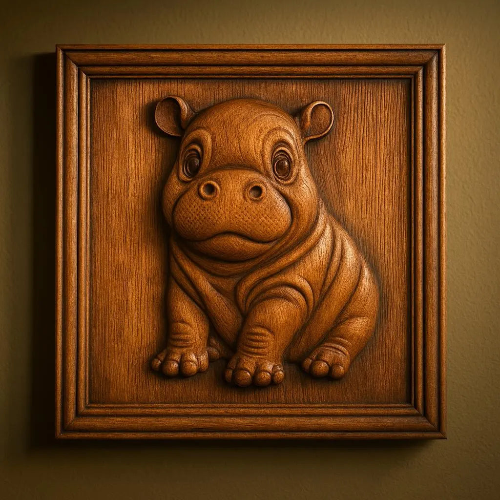 The Cute Hippo Relief STL File from Form Arcade features an adorable baby hippo, perfect as CNC wildlife wall art. Centered in a dark wood square frame, the hippo’s expressive eyes make this digital carving a charming home décor centerpiece.