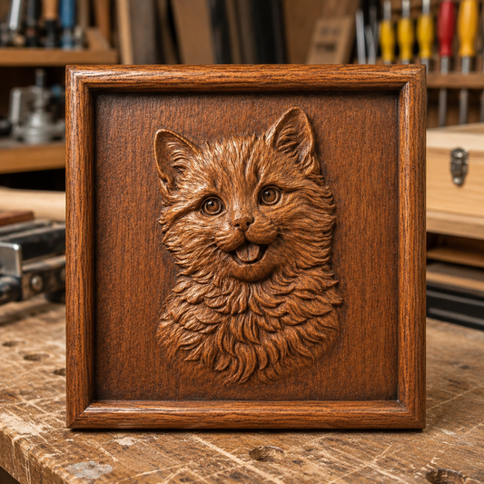 The Cute Kitten Portrait Relief STL File by Form Arcade features a detailed CNC cat face design—ideal for creating unique wall art and adding charm to your space.