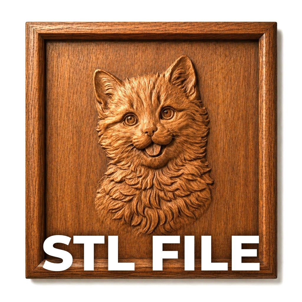 Form Arcade’s “Cute Kitten Portrait Relief STL File” is a CNC wall art design featuring a detailed, carved cat with a fluffy chest and smile. “STL FILE” appears in large white letters at the bottom of the plaque.