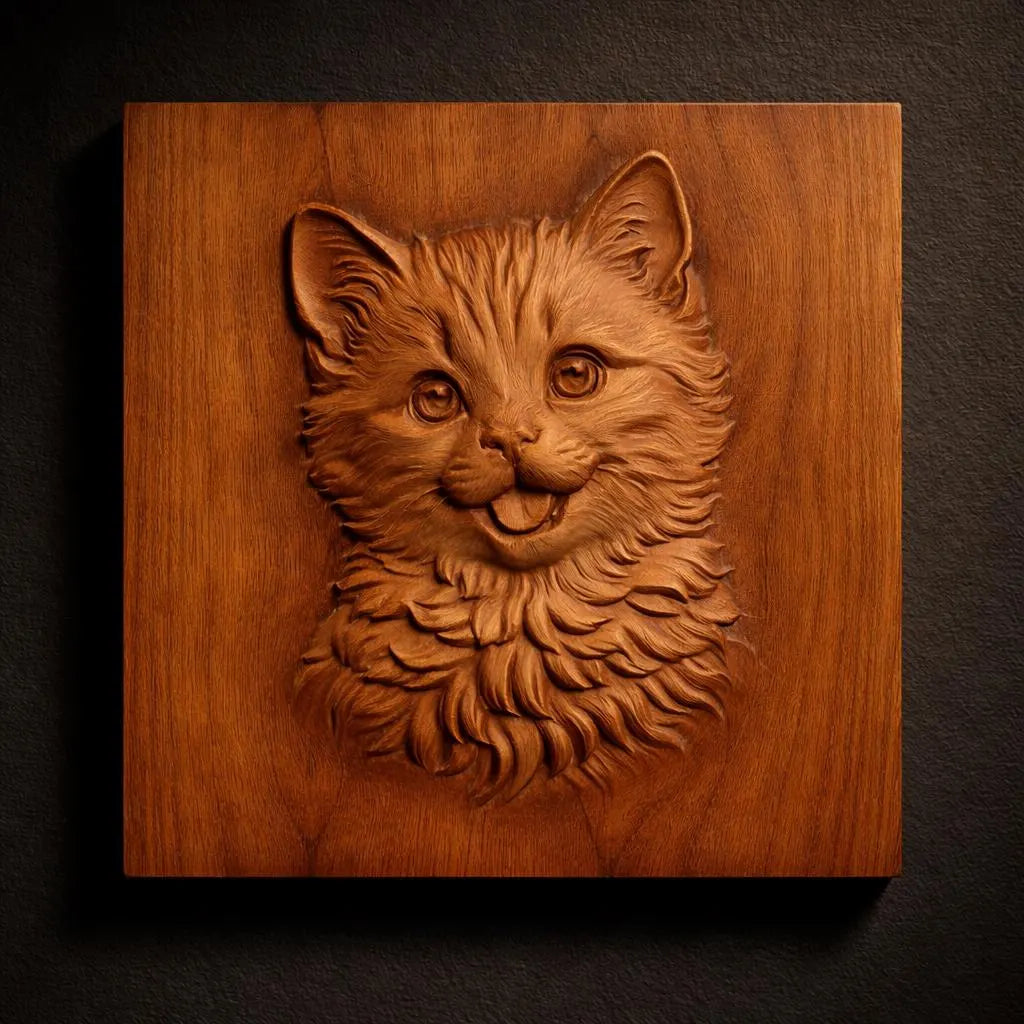 The Cute Kitten Portrait Relief STL File by Form Arcade features a detailed carving of a fluffy kitten’s face and chest on a square panel, ideal for CNC wall art or 3D printing. Perfect for cat lovers and displayed against a dark background.