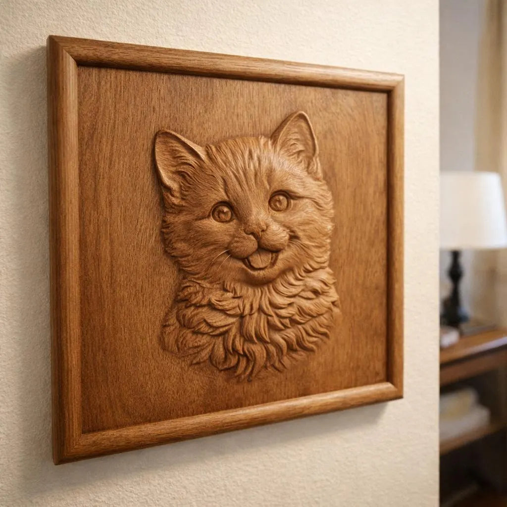 The Form Arcade "Cute Kitten Portrait Relief STL File | Cat CNC Wall Art" is a detailed CNC carving of a smiling kitten's face, perfect for adding charm to any cozy room.