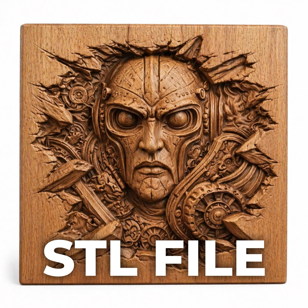 Form Arcade’s Cyber Warrior Face Relief STL File features a detailed sci-fi face with mechanical gears in a square panel, perfect for CNC wall art or 3D printing. Large “STL FILE” text highlights its digital format.