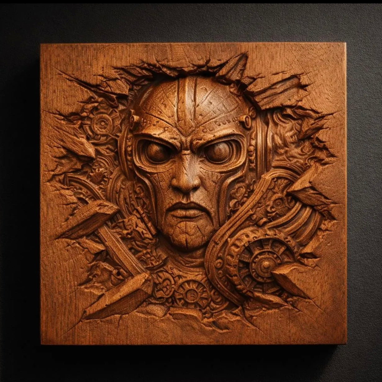 The Cyber Warrior Face Relief STL File by Form Arcade features a detailed sci-fi armored face with mechanical gears and tools, emerging from a square wooden panel—perfect CNC wall art for your space.