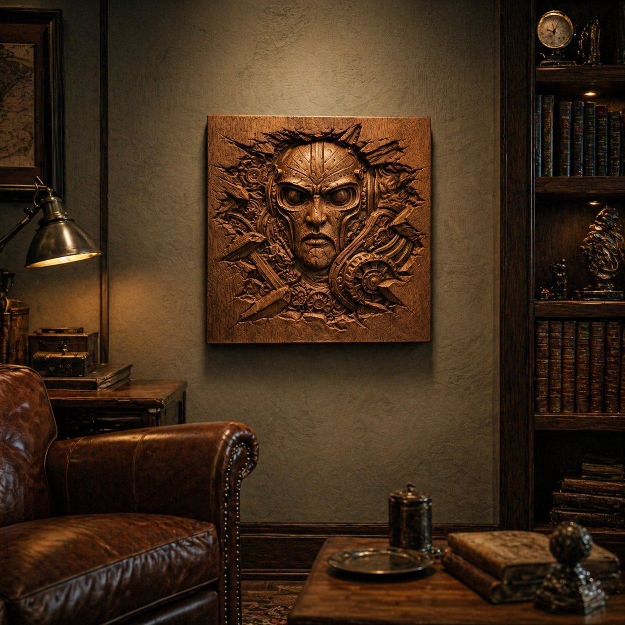 In a cozy library with shelves of books, a leather armchair and wooden table sit beneath a striking Form Arcade Cyber Warrior Face Relief STL File—Sci-Fi CNC wall art depicting an armored face with swords and intricate designs.