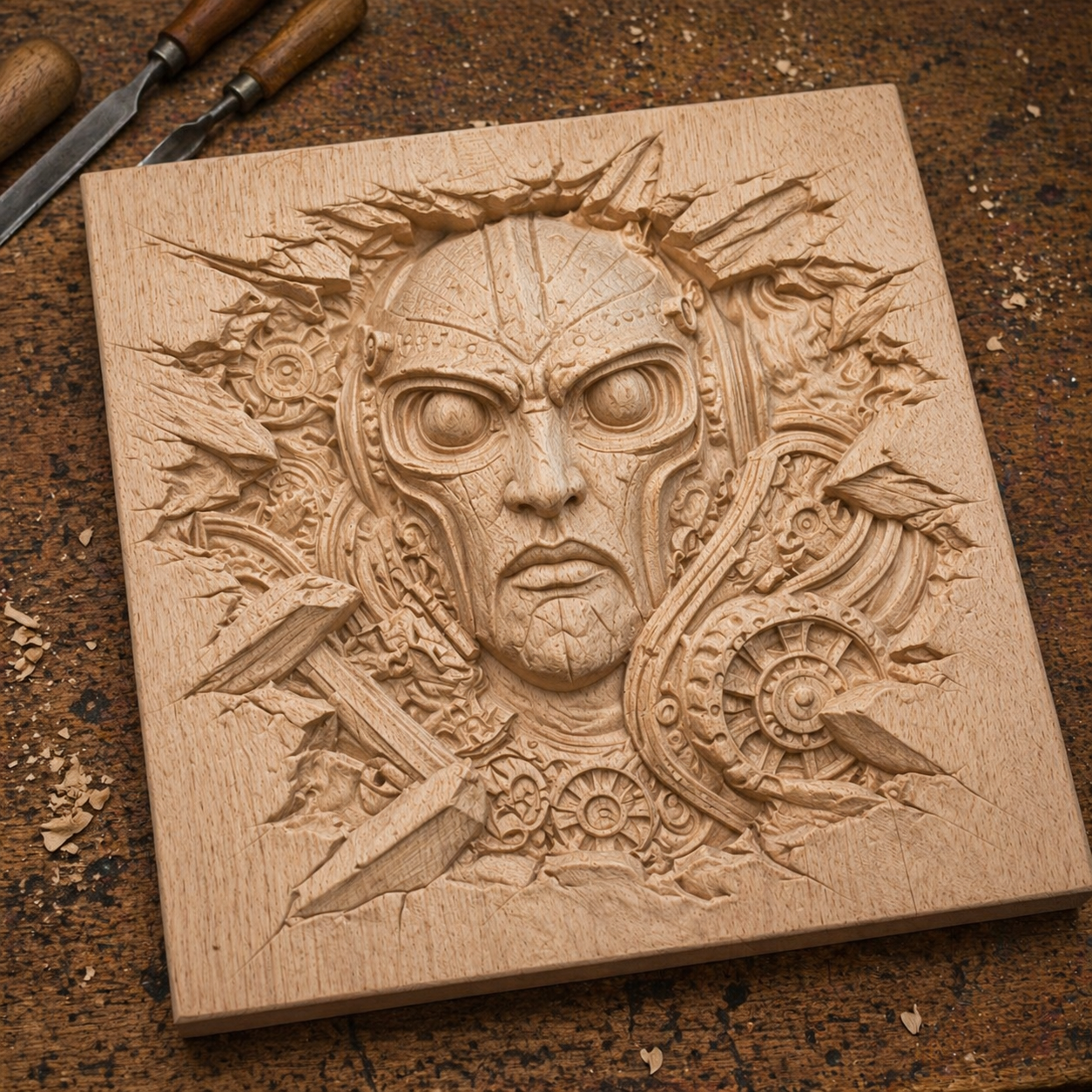 The Cyber Warrior Face Relief STL File by Form Arcade features fierce robotic details with gears and cracked wood—a perfect sci-fi CNC wall art model for carving or 3D printing projects.