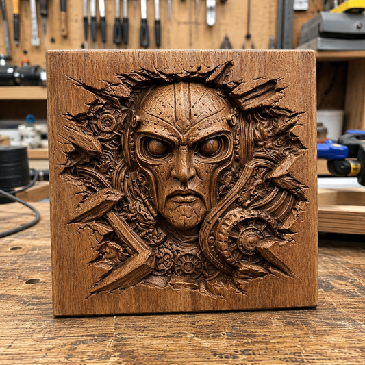 The Form Arcade Cyber Warrior Face Relief STL File features a detailed sci-fi CNC carving of an armored face with gears, spikes, and mechanical elements—ideal for wall art in any workshop.