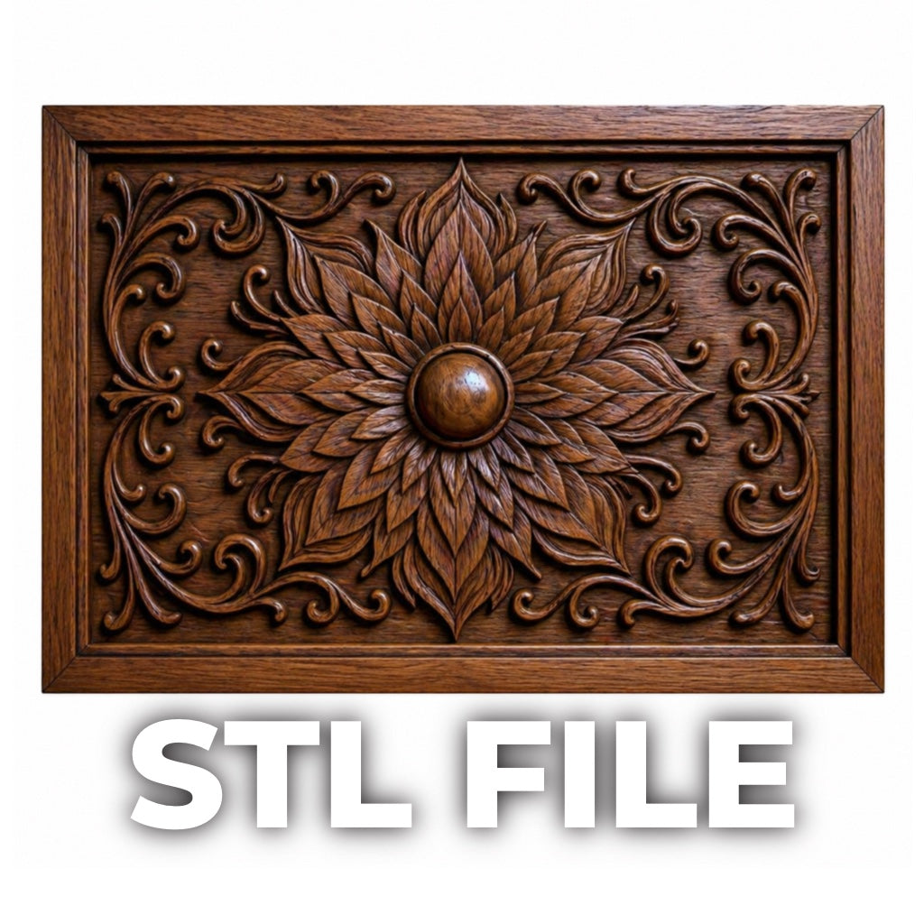 The Decorative Floral Tile Relief STL File by Form Arcade features an ornate carved wood design with a central knob, perfect for CNC carving or 3D printing. "STL FILE" appears in bold white letters below the panel.
