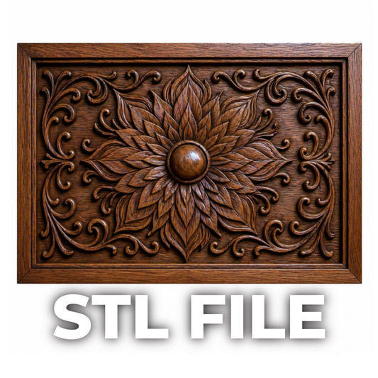 The Decorative Floral Tile Relief STL File by Form Arcade features an ornate carved wood design with a central knob, perfect for CNC carving or 3D printing. "STL FILE" appears in bold white letters below the panel.