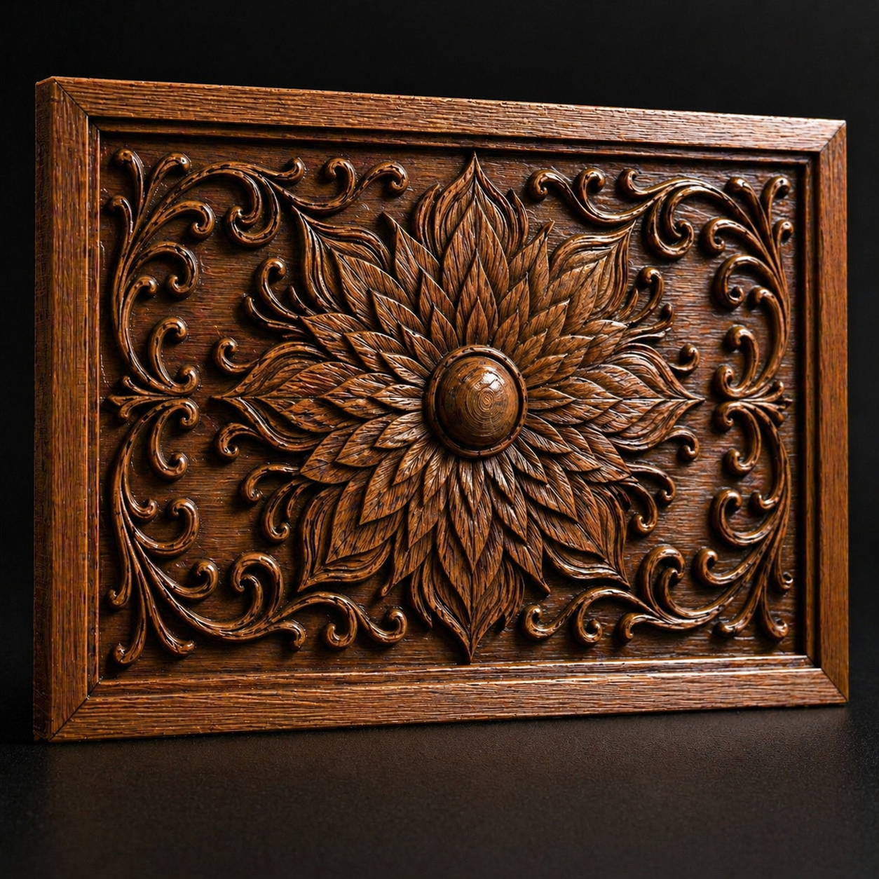 The Decorative Floral Tile Relief STL File by Form Arcade features an intricate flower and swirling patterns, perfect for CNC carving or ornamental wall decor. Ideal as a floral tile STL, it stands out beautifully against a dark background.