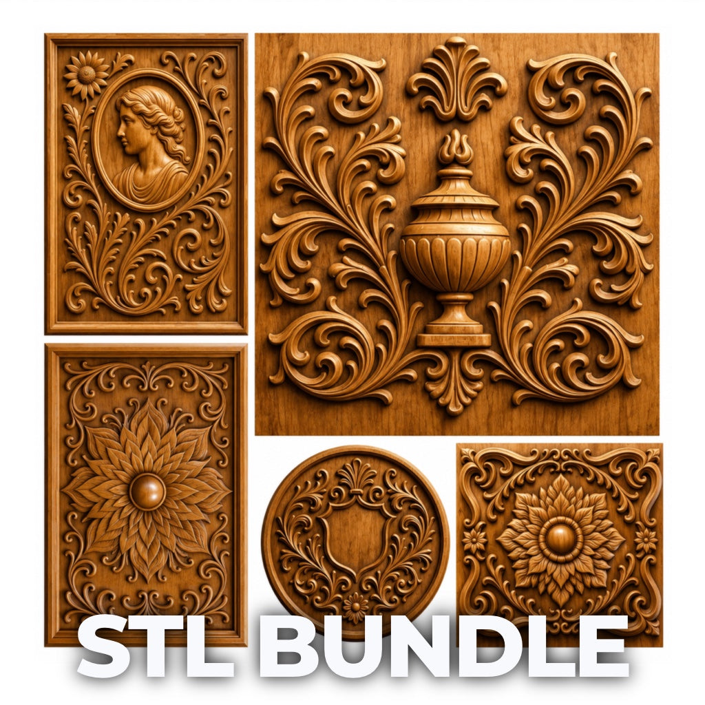 Form Arcade’s Decorative Ornament 5-Pack CNC STL Bundle showcases floral, ornamental, and classical portrait panel designs for stunning CNC wall art or woodworking projects. Bold white text at the bottom reads: STL BUNDLE.