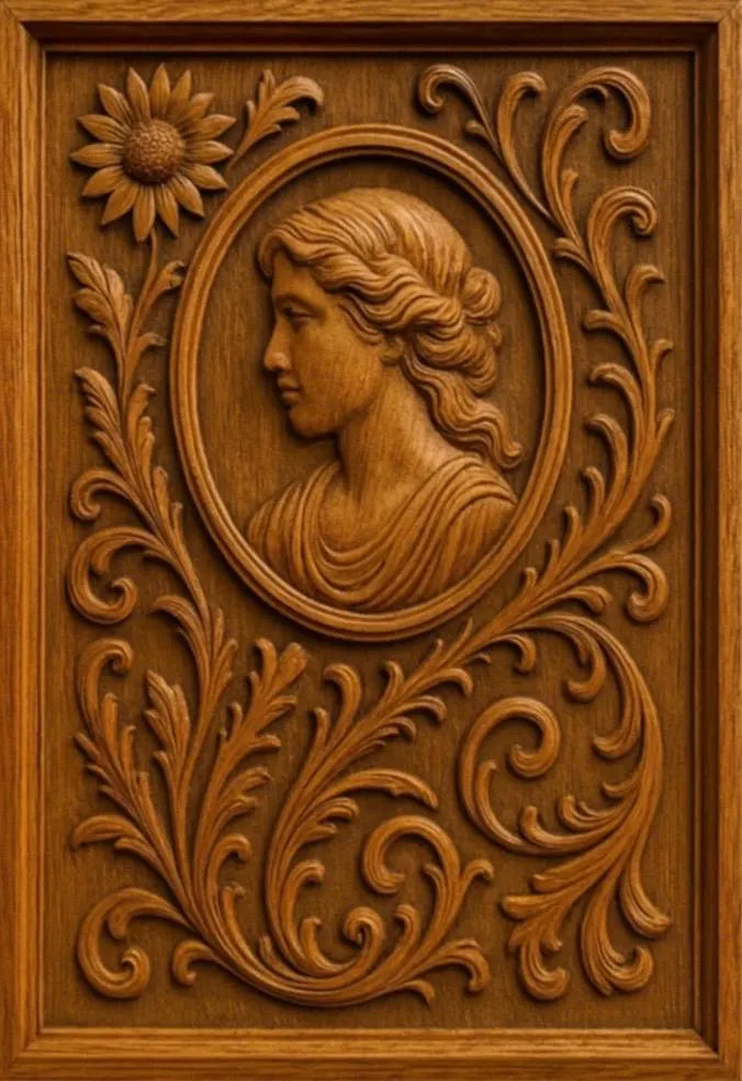 The Decorative Ornament 5-Pack CNC STL Bundle by Form Arcade features intricate relief carvings of a woman’s profile, ornate leaves, and floral details in a rectangular design—ideal for CNC wall art woodworking projects.