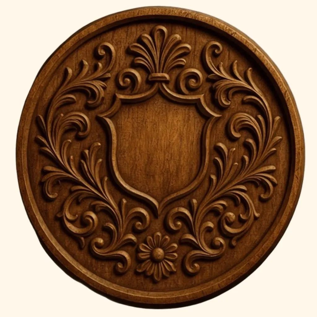 The Form Arcade Decorative Ornament 5-Pack CNC STL Bundle features round wooden plaques with ornate floral designs and central blank shields—perfect for woodworking projects or CNC wall art.