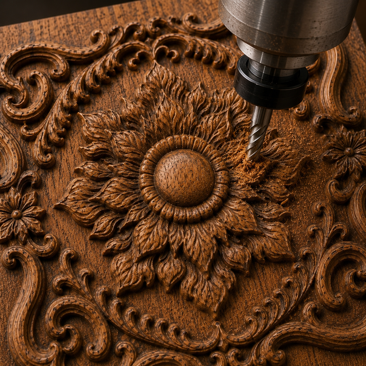 The Ornamental Frame Flower Relief STL File by Form Arcade lets your CNC machine carve detailed floral patterns and decorative borders, creating stunning wall art as wood shavings gather around the bit.