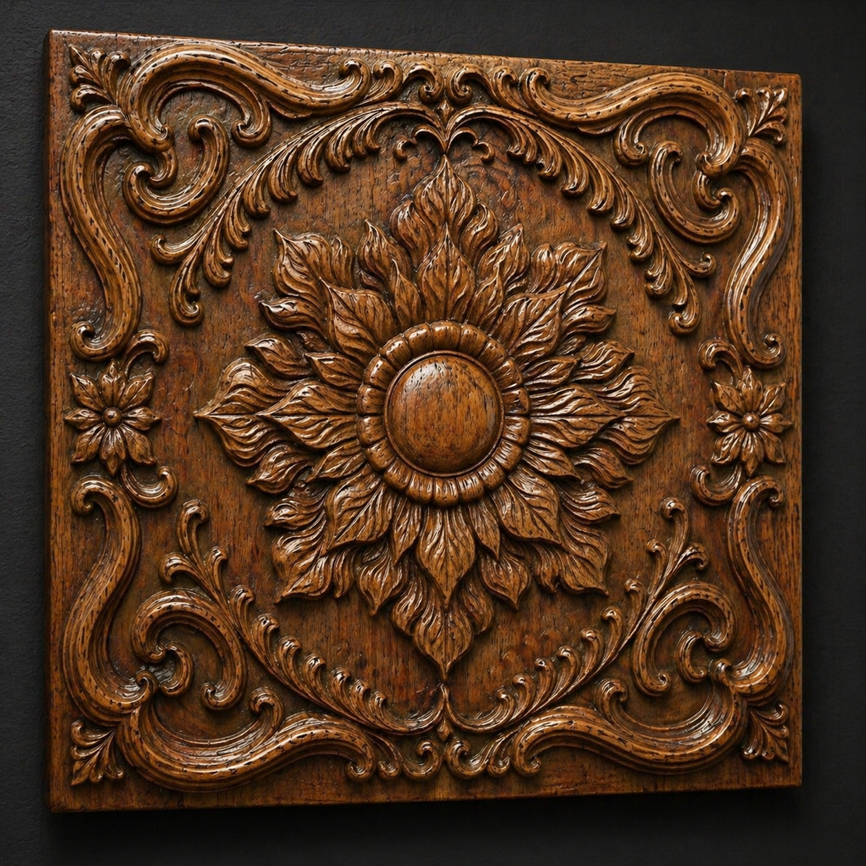 The Ornamental Frame Flower Relief STL File by Form Arcade features a rectangular wooden panel with a central floral design and ornate swirling patterns—perfect for CNC carving or decorative wall art, presented on a dark background.
