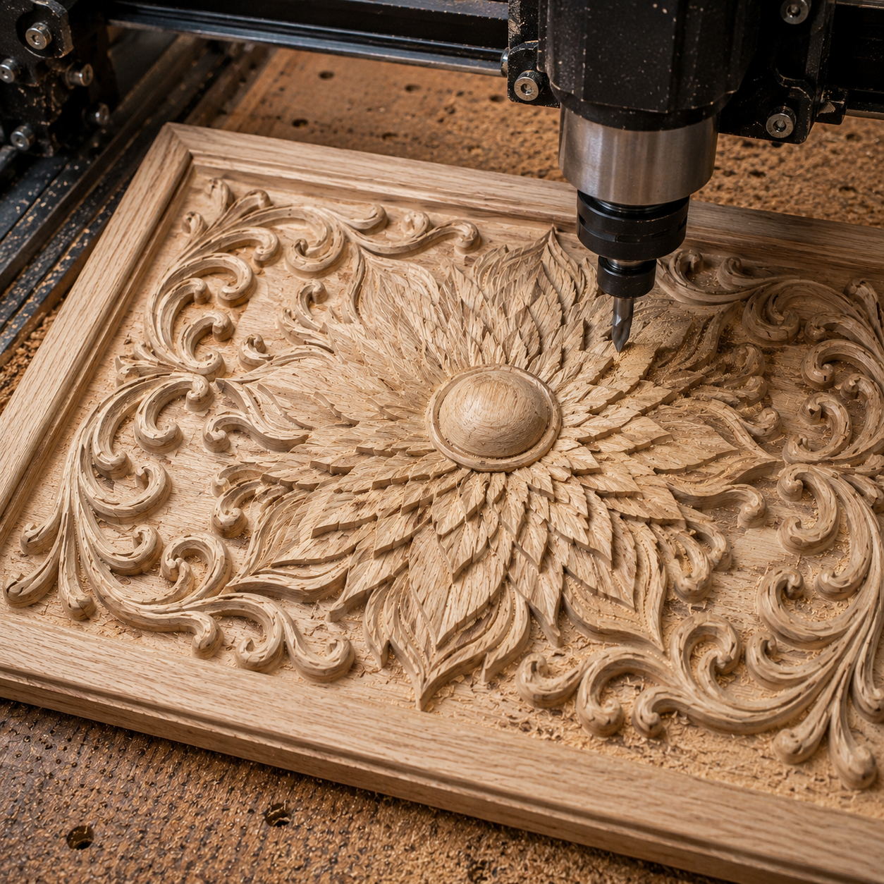The Decorative Floral Tile Relief STL File by Form Arcade features an intricate floral pattern for CNC carving, perfect as an ornamental wall accent or decorative panel.