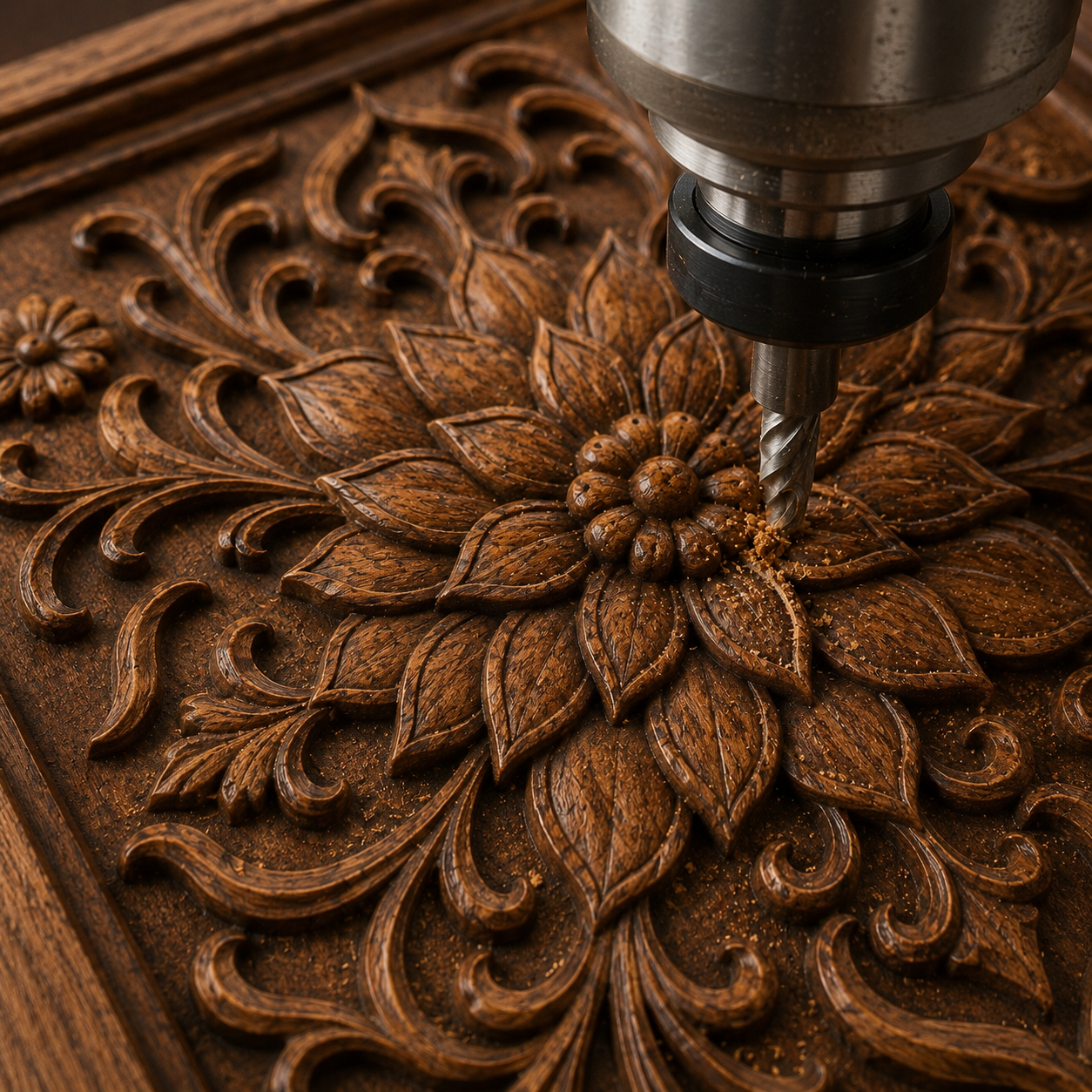 A CNC machine carves a detailed Mandala Floral Relief onto wood using the "Mandala Floral Relief STL File | Decorative Mandala CNC Wall Art" by Form Arcade, with shavings scattered around the design—ideal for decorative wall art enthusiasts.