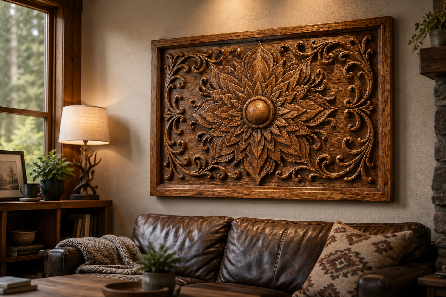 A cozy living room features a brown leather sofa, a patterned pillow, and a coffee table with a small plant. Above the sofa, an ornate wooden carving with floral relief cut design hangs on the wall. Warm light fills the space.