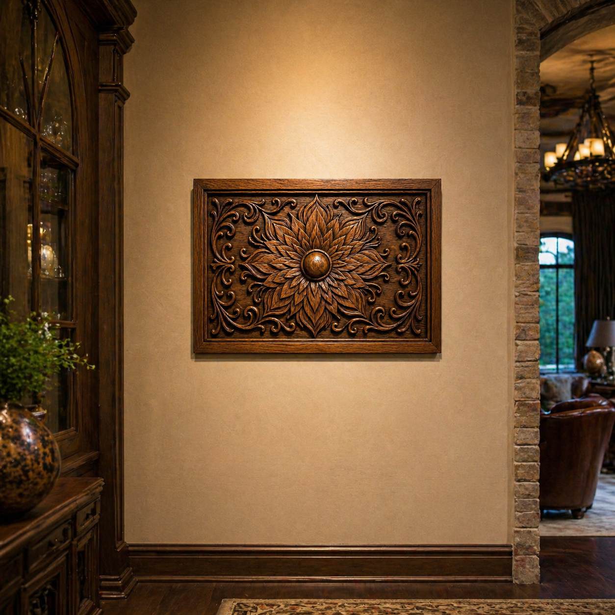 The Decorative Floral Tile Relief STL File by Form Arcade, inspired by ornamental CNC carving, adds elegance to a beige wall in a warmly lit hallway with wood and brick accents.