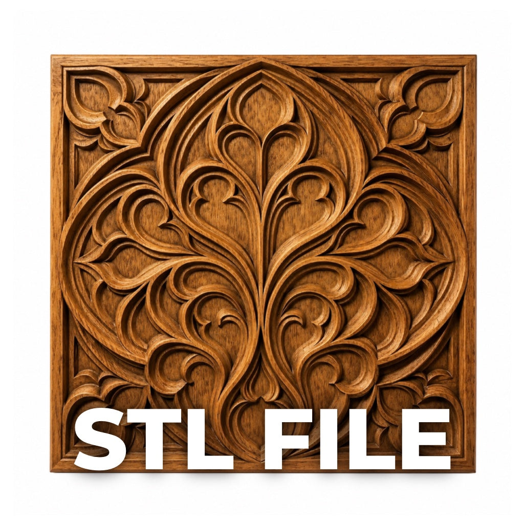 Form Arcade’s Decorative Ornament Relief STL File is a detailed floral and leaf wall art design, ideal for CNC carving or as a bas relief. “STL FILE” appears in bold white at the bottom, perfect for decorative projects.