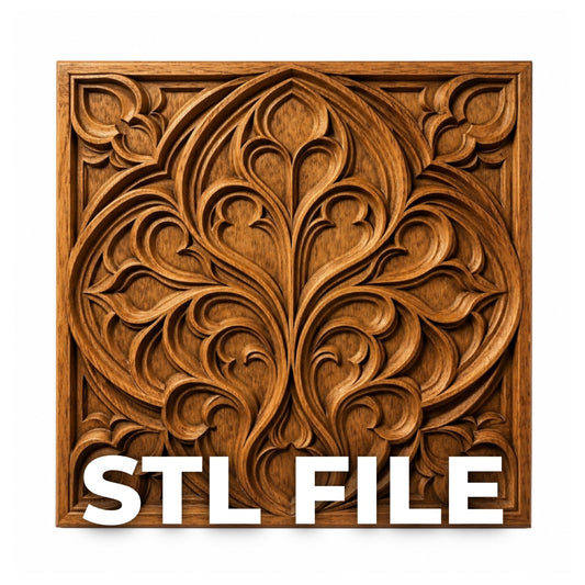 Form Arcade’s Decorative Ornament Relief STL File is a detailed floral and leaf wall art design, ideal for CNC carving or as a bas relief. “STL FILE” appears in bold white at the bottom, perfect for decorative projects.