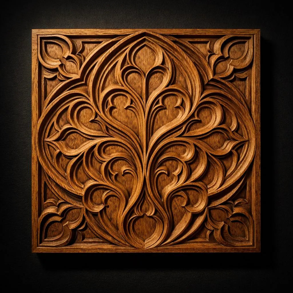 The Decorative Ornament Relief STL File by Form Arcade features a square panel with intricate floral and leaf carvings, elegant curves, and layered details—ideal CNC wall art that highlights exquisite craftsmanship for sophisticated home decor.