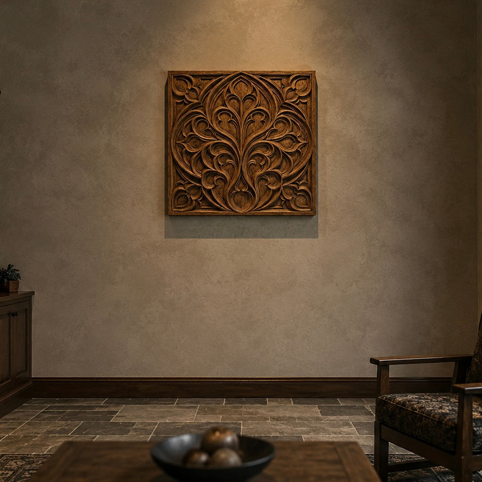 A warmly lit room with textured beige walls features the Form Arcade Decorative Ornament Relief STL File—CNC wall art with a swirling leaf design. A wooden chair, patterned upholstery, side table, plant, and decorative sphere bowl complete the scene.