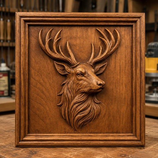 A striking wood carving featuring a stag’s head with impressive antlers is displayed on a square plaque amidst woodworking tools, exemplifying the craftsmanship possible with CNC relief techniques. This piece spotlights the Deer Stag Portrait Relief STL File | Wildlife CNC Wall Art by Form Arcade—an ideal choice for anyone seeking an eye-catching deer design for their next project.
