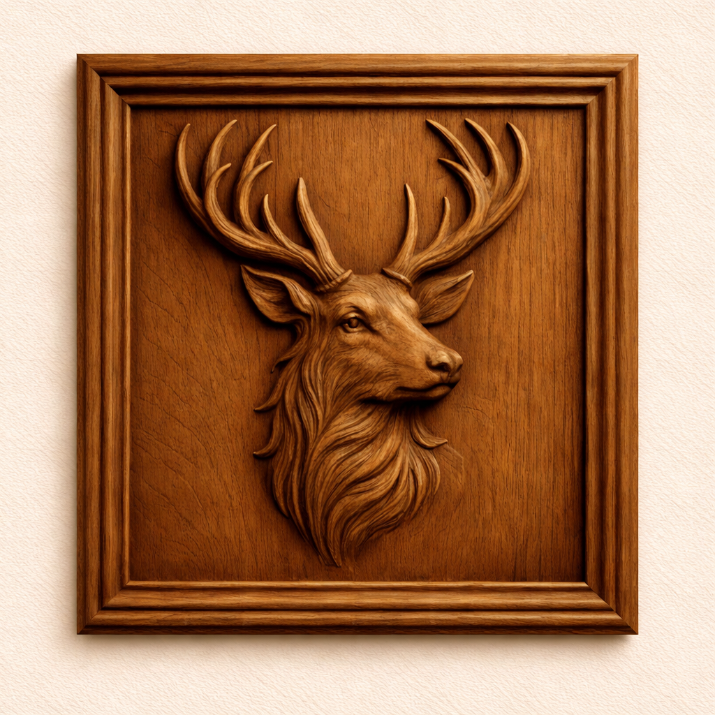 Framed deer stag relief carving with clean wood grain and defined edges, optimized for CNC router carving and decorative wall panel projects