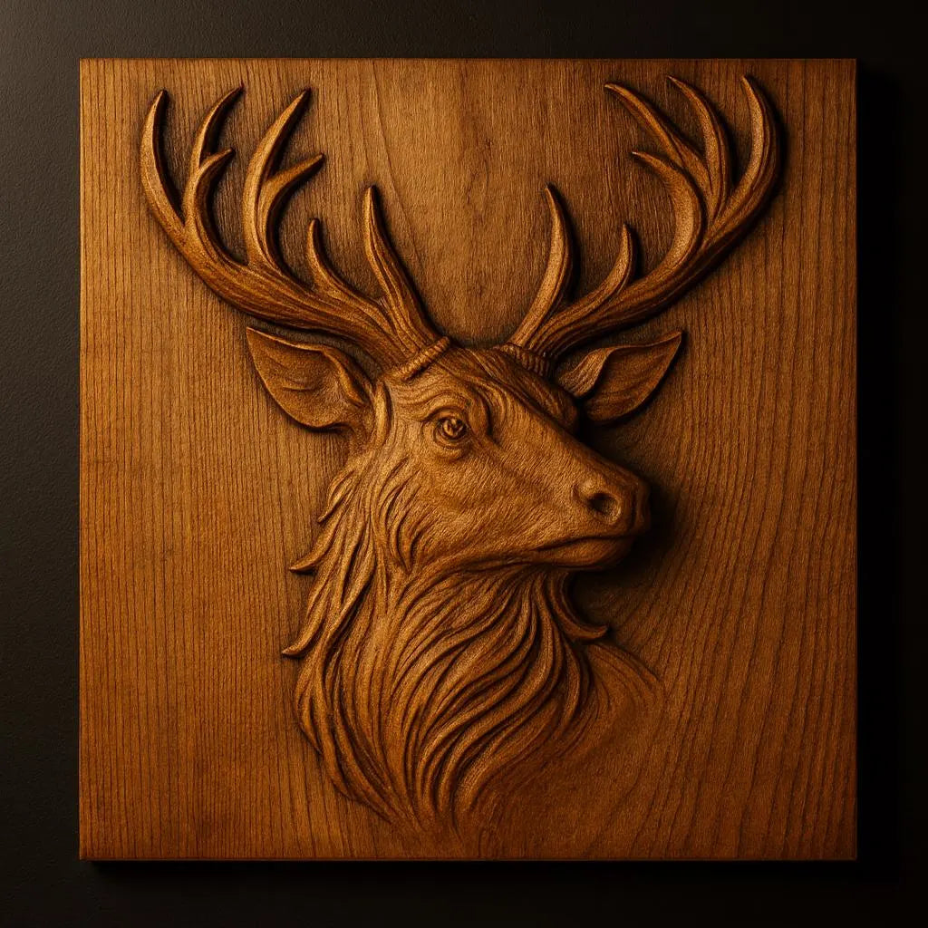 Close-up of deer stag relief carving showing detailed fur texture, antlers, and depth transitions designed for CNC carving and 3D printing
