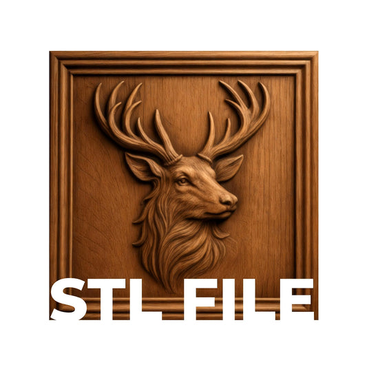 Deer stag portrait relief carved in wood with detailed antlers and framed border, CNC relief STL file preview for rustic wildlife wall art projects