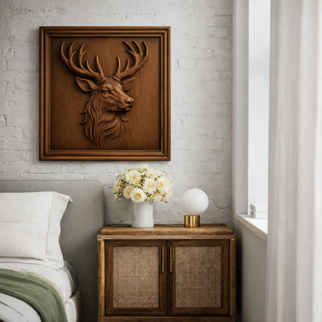 Framed deer stag relief wall art hanging above cabinet in modern home interior, showcasing CNC carved wildlife decor piece in real living space