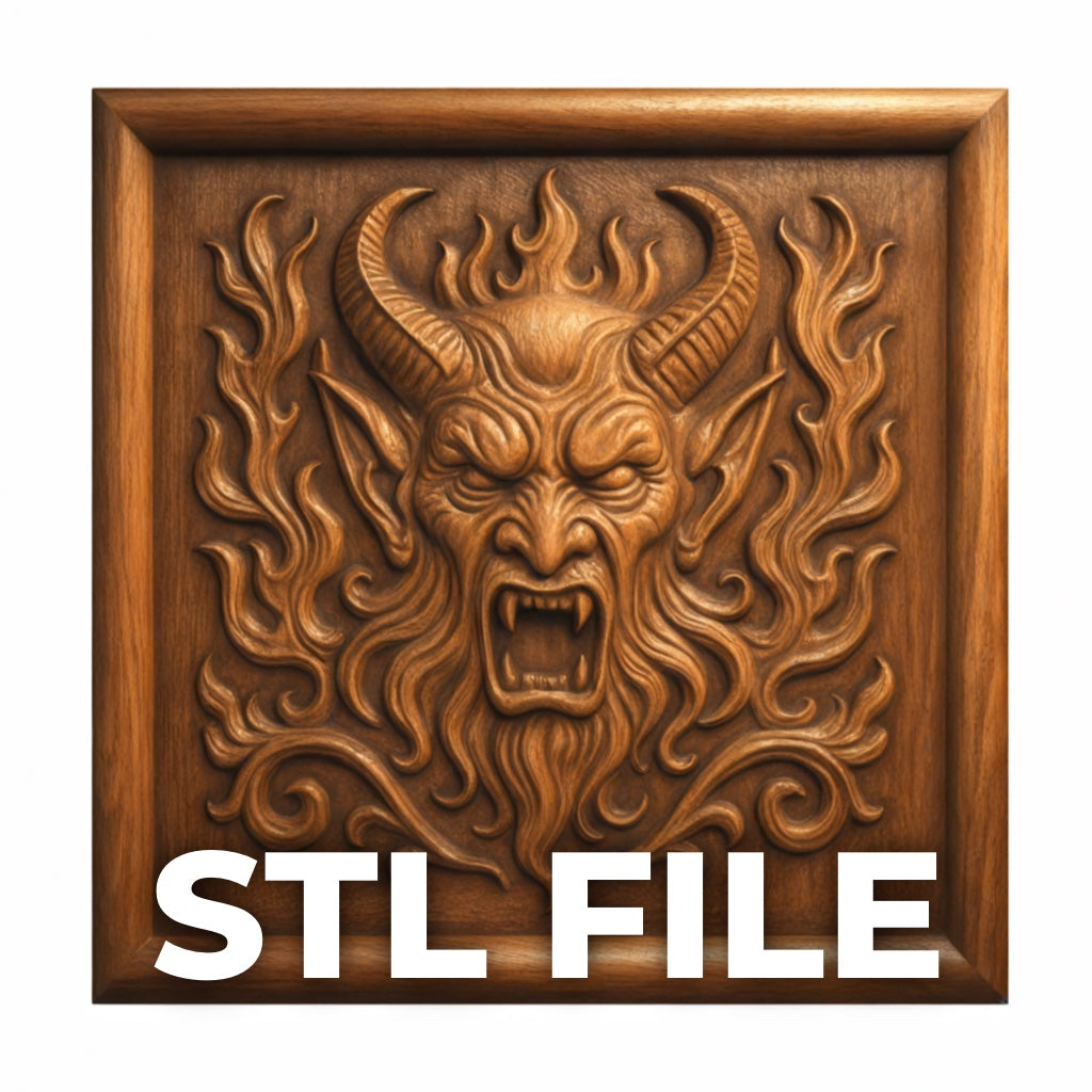The Demonic Horned Devil Relief STL File by Form Arcade features a horned, demonic face with pointed ears and flame-like patterns—ideal for CNC or 3D printing dark fantasy wall art. The bold white text at the bottom reads "STL FILE.