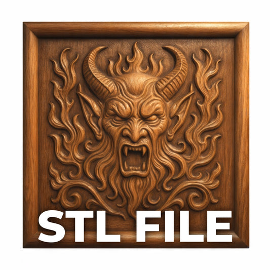 The Demonic Horned Devil Relief STL File by Form Arcade features a horned, demonic face with pointed ears and flame-like patterns—ideal for CNC or 3D printing dark fantasy wall art. The bold white text at the bottom reads "STL FILE.