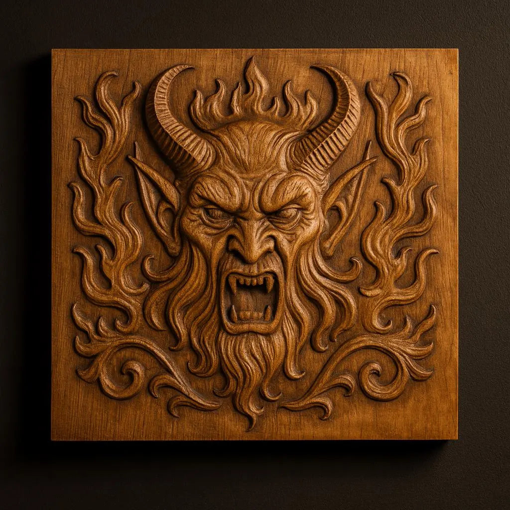The Demonic Horned Devil Relief STL File by Form Arcade features a fierce, horned devil face—perfect for dark fantasy CNC wall art or woodworking projects. Ideal for striking relief carvings on any wall.