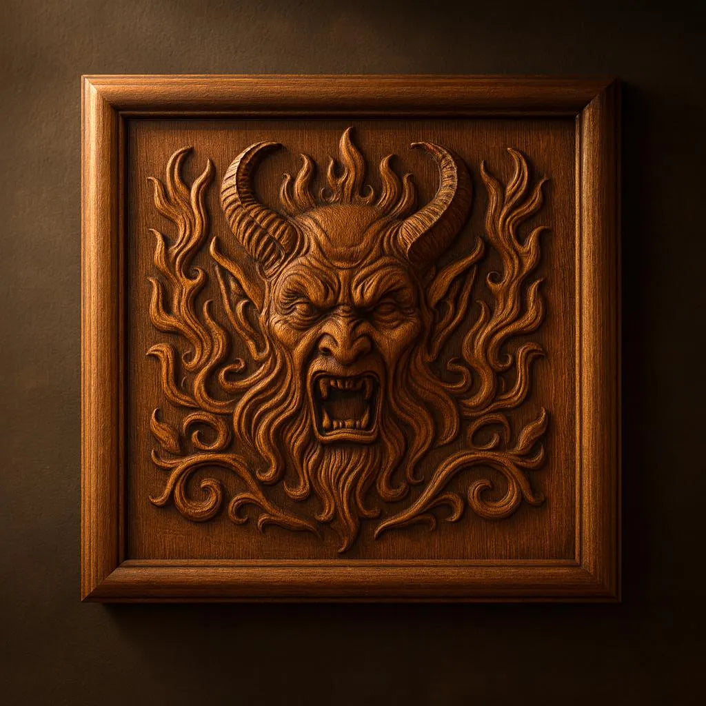 The Demonic Horned Devil Relief STL File by Form Arcade features a horned devil with sharp teeth and swirling flames, framed in wood—ideal for dark fantasy CNC wall art or woodworking projects.