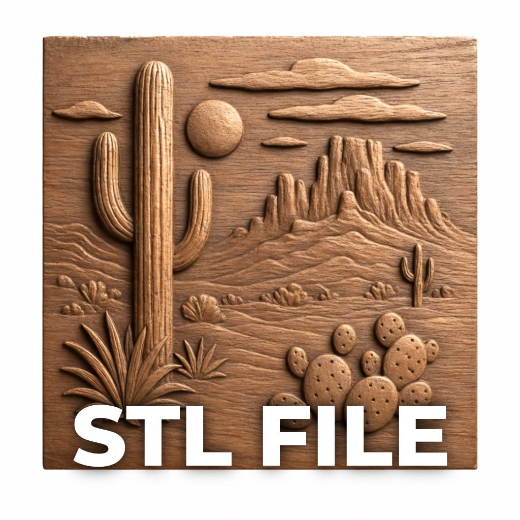A wooden relief carving shows a large cactus, mountains, clouds, and a sun. "STL FILE" in bold white letters highlights this Form Arcade Desert Cactus CNC Relief STL File | Southwest CNC Wall Art for your projects.