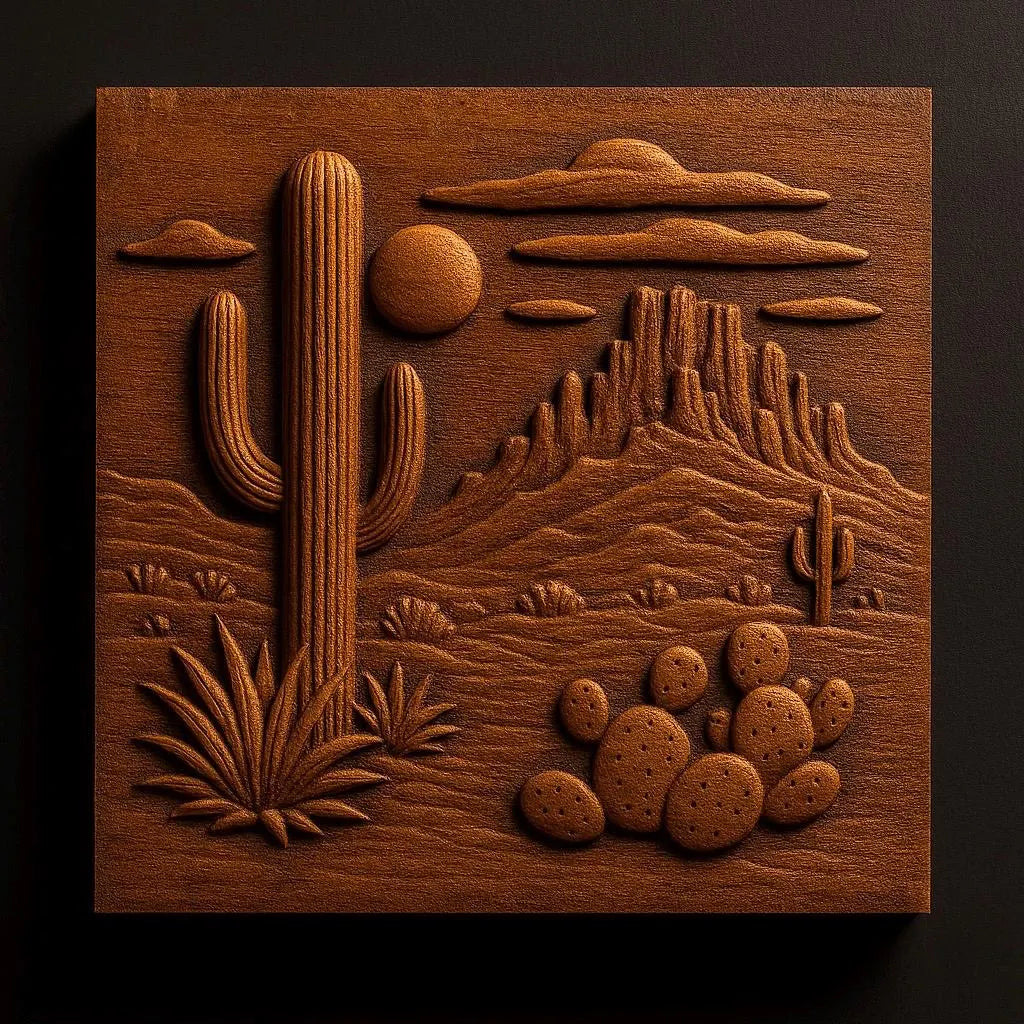 The Desert Cactus CNC Relief STL File by Form Arcade features a wooden carving of a cactus, prickly pear, agave, sun, clouds, and mountains—ideal Southwest CNC wall art for your next project.