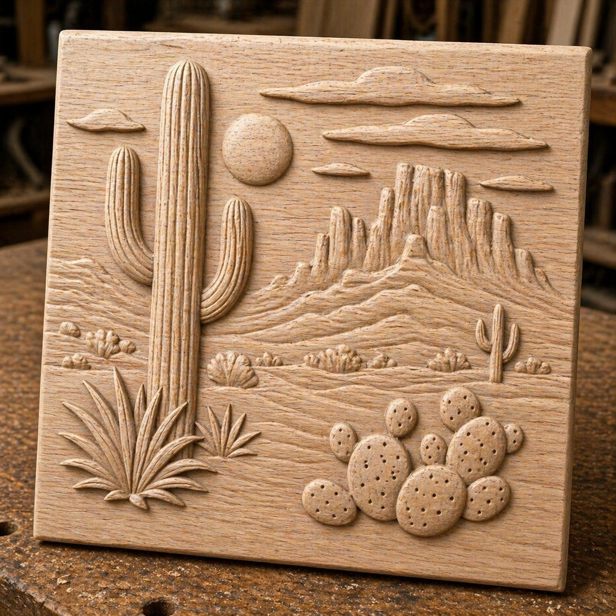 The Desert Cactus CNC Relief STL File by Form Arcade features detailed cacti, mountains, sun, and clouds—perfect Southwest wall art for your 3D printing or CNC projects.