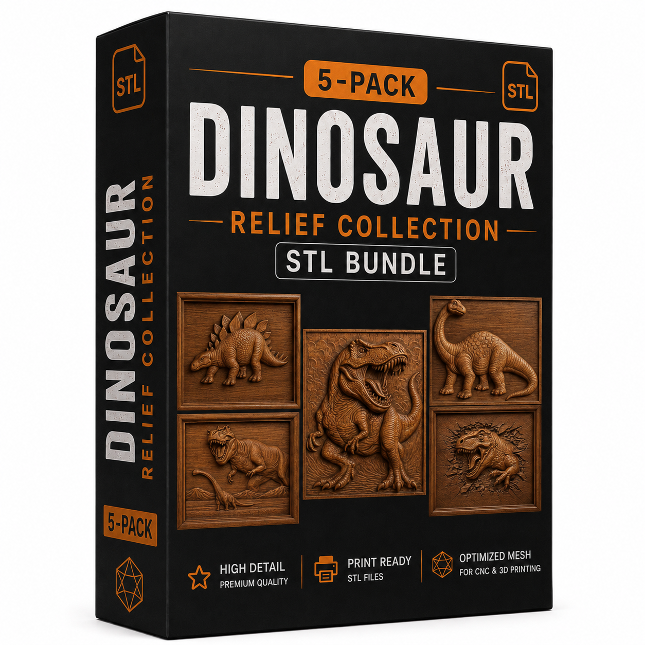 Box for the “Dinosaur 5-Pack Relief Collection STL Bundle | CNC Wall Art” by Form Arcade, showcasing detailed brown-toned dinosaur relief designs—T-Rex, Triceratops, and Stegosaurus—on the front. Ideal for woodworking projects using the included relief STL files.