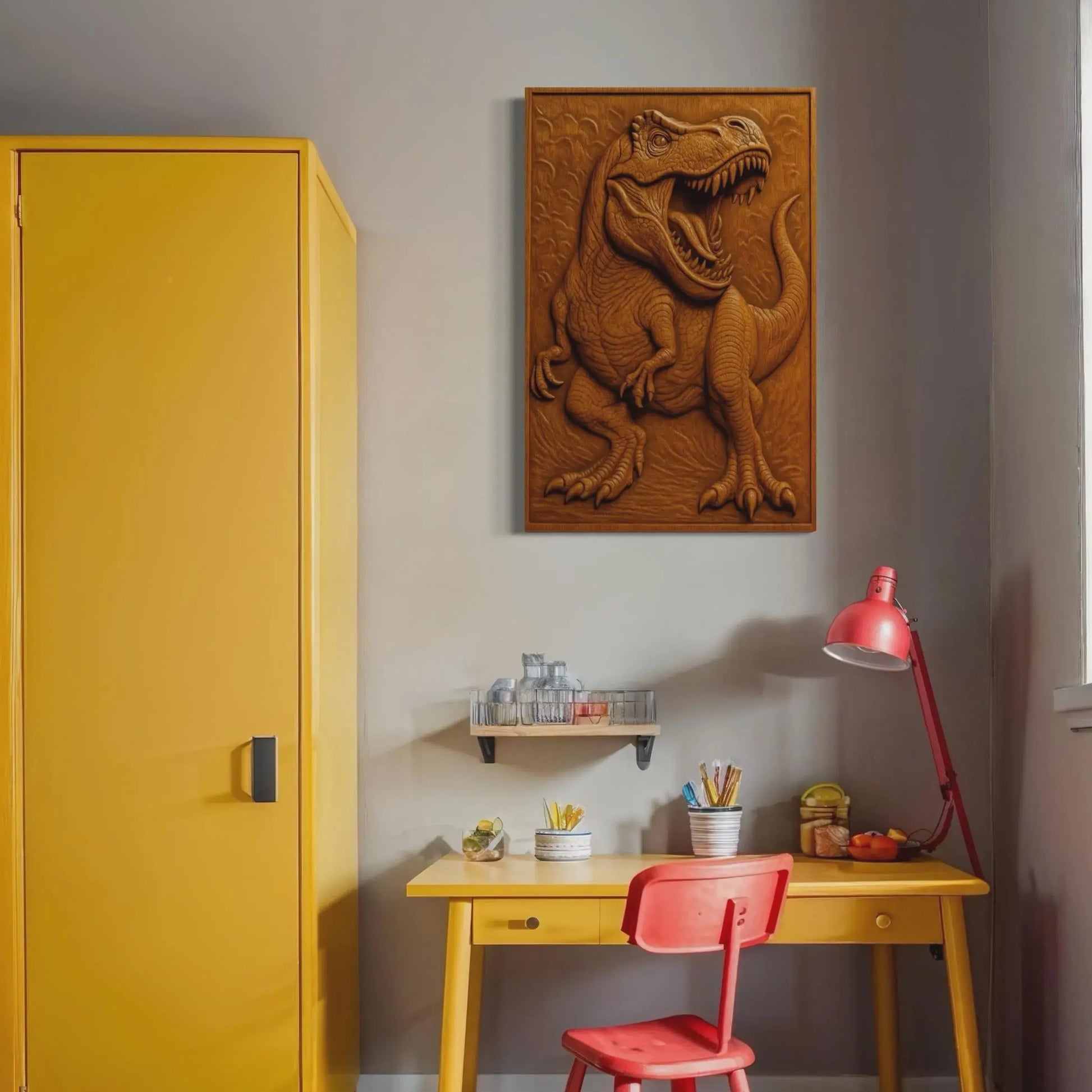 A bright yellow desk and wardrobe sit beside a gray wall featuring Form Arcade's Dinosaur 5-Pack Relief Collection STL Bundle CNC Wall Art above—a carved wooden T. rex—plus a red desk lamp, red chair, and shelves with art supplies and toys.